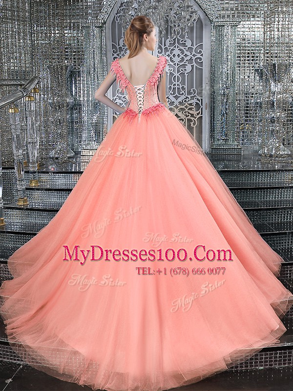 Excellent Peach Ball Gowns Tulle Straps Sleeveless Beading With Train Lace Up 15 Quinceanera Dress Brush Train