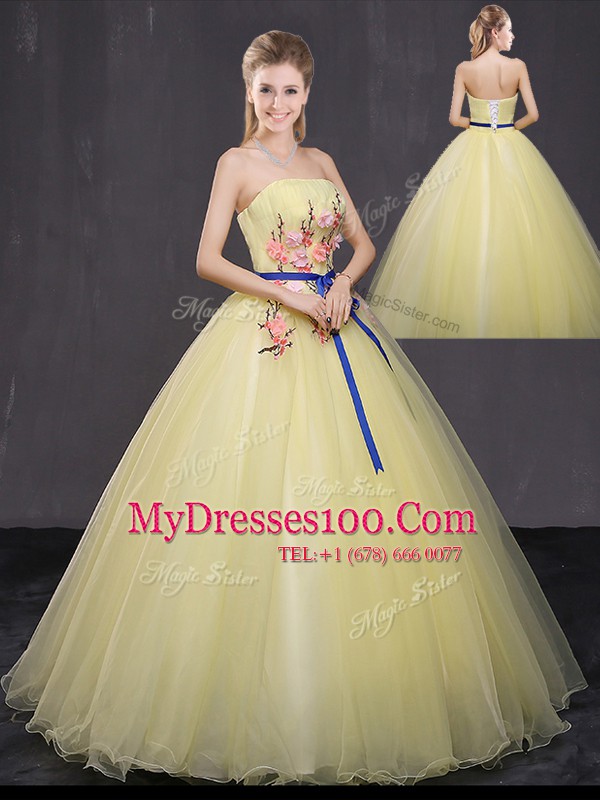 Cute Floor Length Yellow Quinceanera Gowns Strapless Sleeveless Lace Up