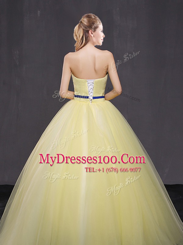 Cute Floor Length Yellow Quinceanera Gowns Strapless Sleeveless Lace Up
