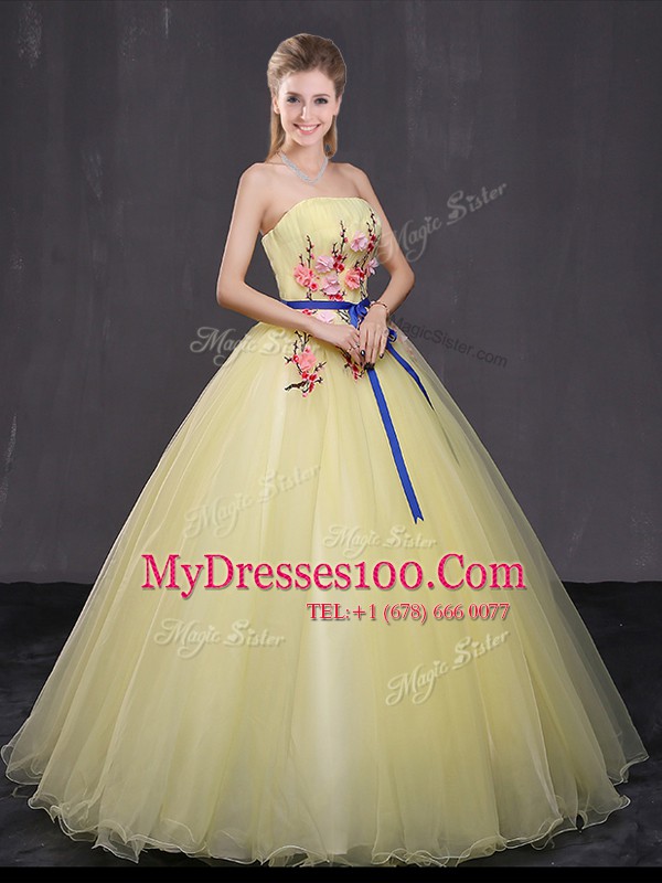 Cute Floor Length Yellow Quinceanera Gowns Strapless Sleeveless Lace Up