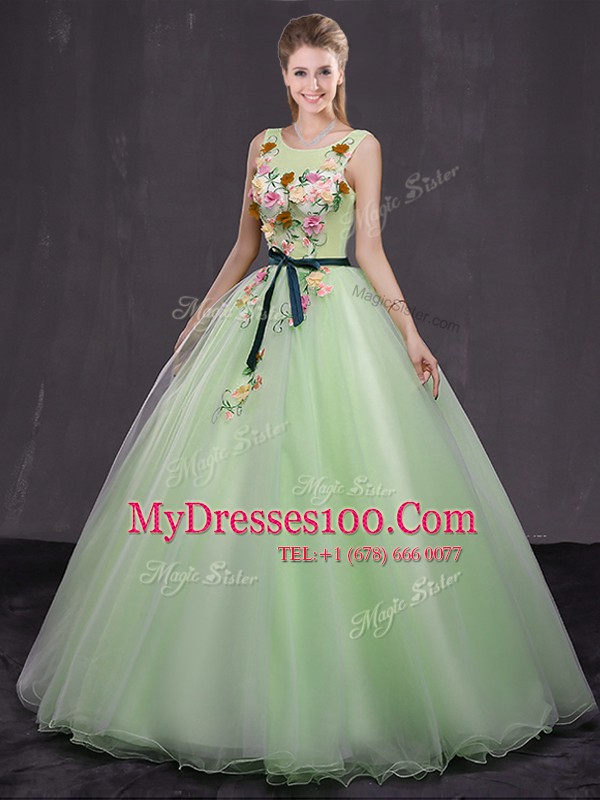 Yellow Green Scoop Lace Up Appliques Ball Gown Prom Dress Sleeveless