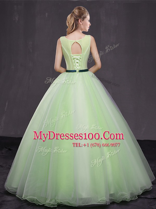 Yellow Green Scoop Lace Up Appliques Ball Gown Prom Dress Sleeveless