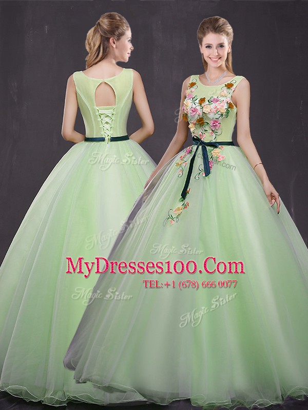Yellow Green Scoop Lace Up Appliques Ball Gown Prom Dress Sleeveless