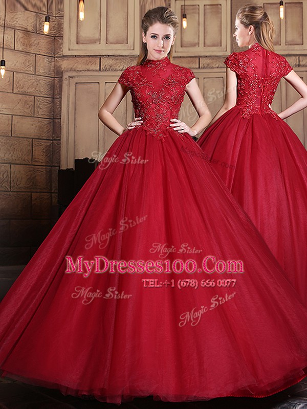 Classical Wine Red 15th Birthday Dress Military Ball and Sweet 16 and Quinceanera and For with Appliques High-neck Short Sleeves Zipper
