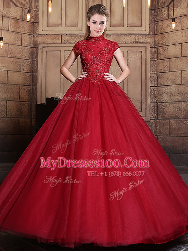 Classical Wine Red 15th Birthday Dress Military Ball and Sweet 16 and Quinceanera and For with Appliques High-neck Short Sleeves Zipper