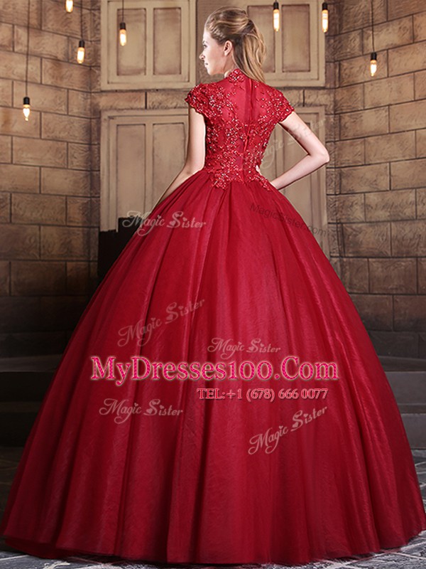 Classical Wine Red 15th Birthday Dress Military Ball and Sweet 16 and Quinceanera and For with Appliques High-neck Short Sleeves Zipper