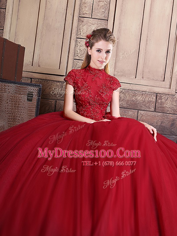 Classical Wine Red 15th Birthday Dress Military Ball and Sweet 16 and Quinceanera and For with Appliques High-neck Short Sleeves Zipper