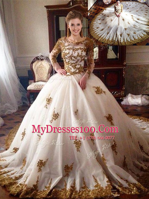 Artistic Scoop Long Sleeves With Train Zipper Quinceanera Gowns White for Military Ball and Sweet 16 and Quinceanera with Appliques Chapel Train
