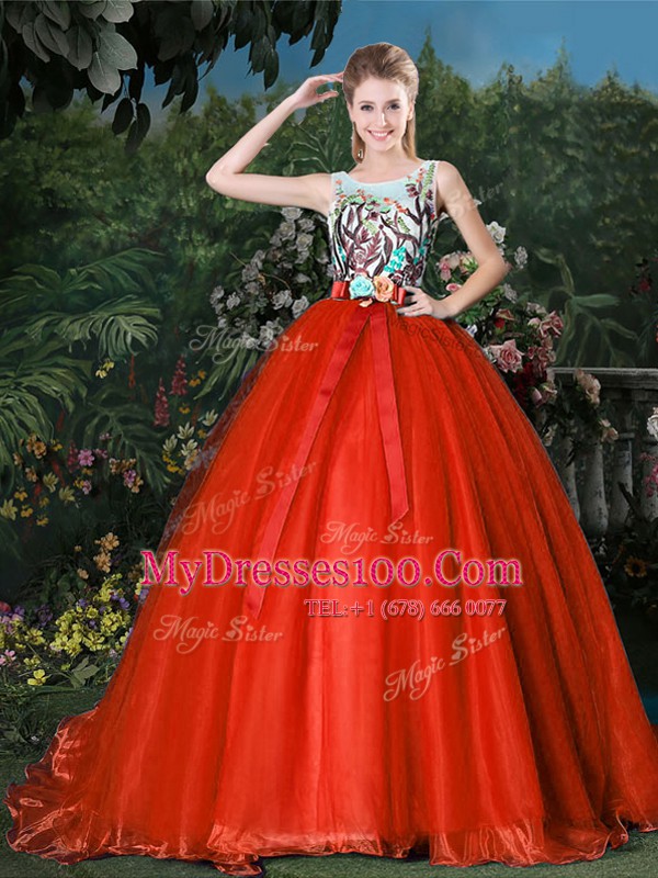 Delicate Scoop Red Quinceanera Gowns Organza Brush Train Sleeveless Appliques and Belt
