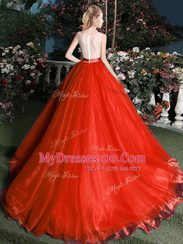 Delicate Scoop Red Quinceanera Gowns Organza Brush Train Sleeveless Appliques and Belt