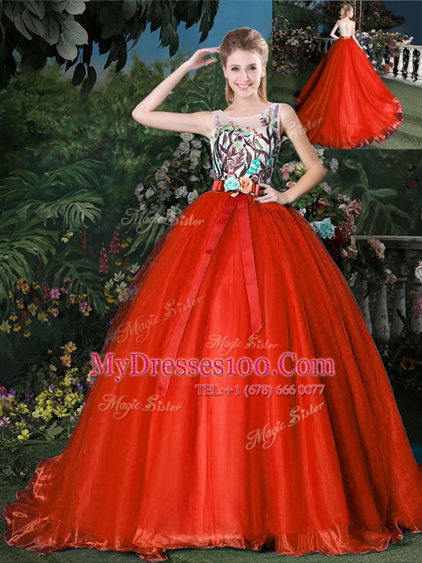 Delicate Scoop Red Quinceanera Gowns Organza Brush Train Sleeveless Appliques and Belt
