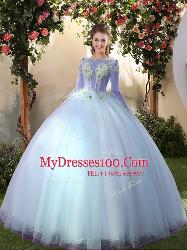 Admirable Big Puffy Floor Length Light Blue 15th Birthday Dress Tulle Long Sleeves Appliques