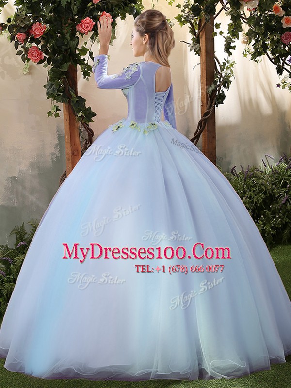 Admirable Big Puffy Floor Length Light Blue 15th Birthday Dress Tulle Long Sleeves Appliques