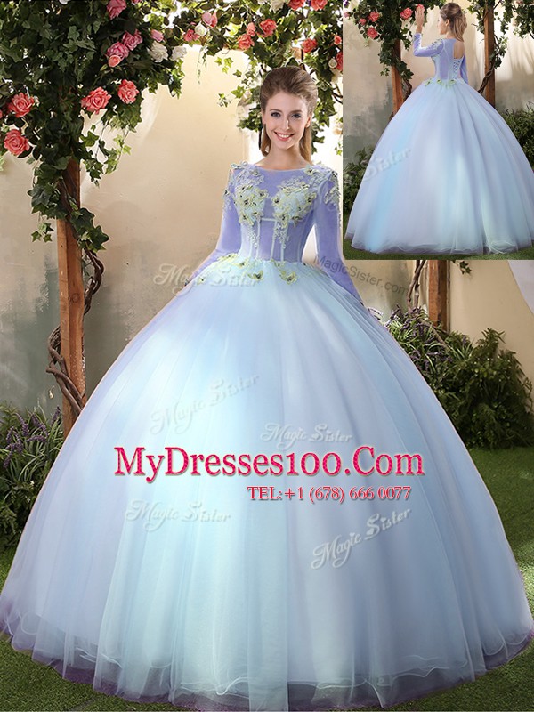 Admirable Big Puffy Floor Length Light Blue 15th Birthday Dress Tulle Long Sleeves Appliques