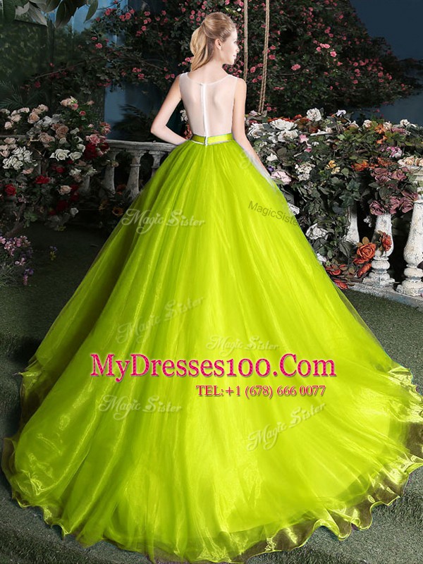 Hot Sale Yellow Green Organza Lace Up Scoop Sleeveless Quinceanera Dress Court Train Beading and Appliques and Belt