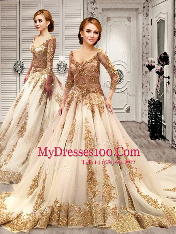 Top Selling Sequins With Train A-line 3 4 Length Sleeve Champagne Wedding Gown Court Train Lace Up
