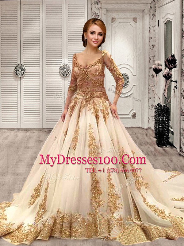 Top Selling Sequins With Train A-line 3 4 Length Sleeve Champagne Wedding Gown Court Train Lace Up