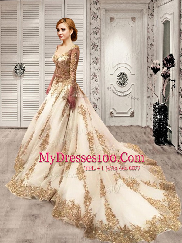 Top Selling Sequins With Train A-line 3 4 Length Sleeve Champagne Wedding Gown Court Train Lace Up
