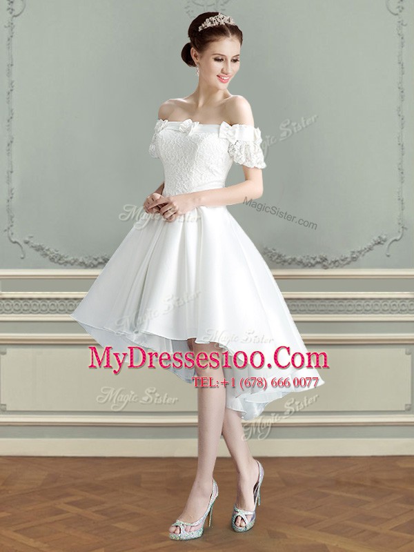 On Sale White A-line Off The Shoulder Sleeveless Taffeta High Low Lace Up Lace and Bowknot Wedding Dress