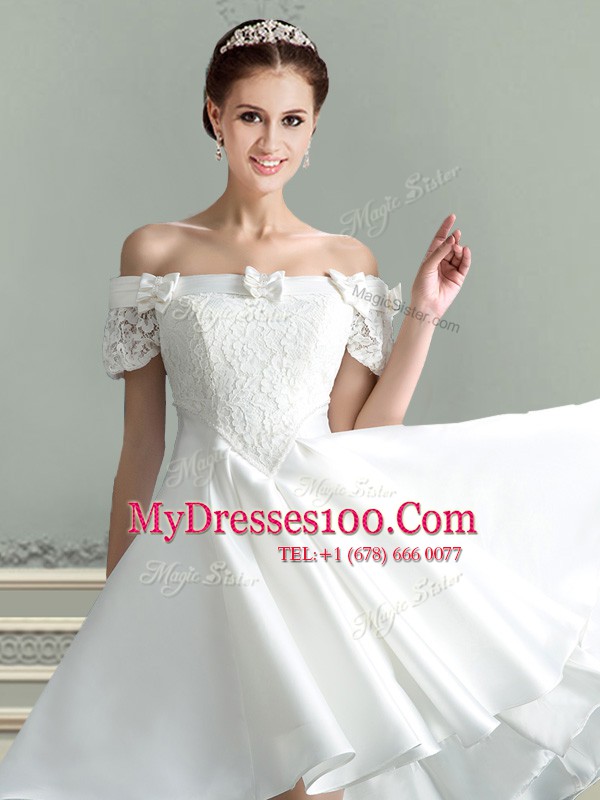 On Sale White A-line Off The Shoulder Sleeveless Taffeta High Low Lace Up Lace and Bowknot Wedding Dress