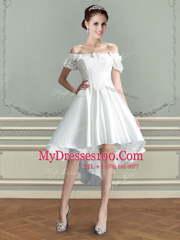 On Sale White A-line Off The Shoulder Sleeveless Taffeta High Low Lace Up Lace and Bowknot Wedding Dress