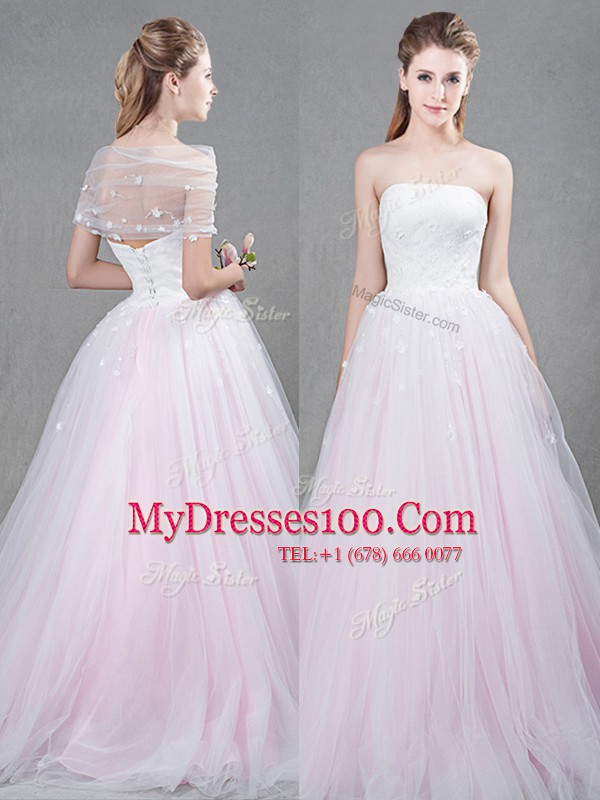 Extravagant Strapless Sleeveless Tulle Wedding Dresses Appliques Brush Train Lace Up