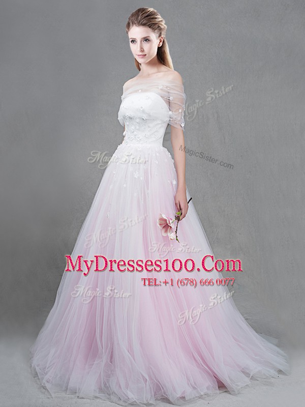 Extravagant Strapless Sleeveless Tulle Wedding Dresses Appliques Brush Train Lace Up