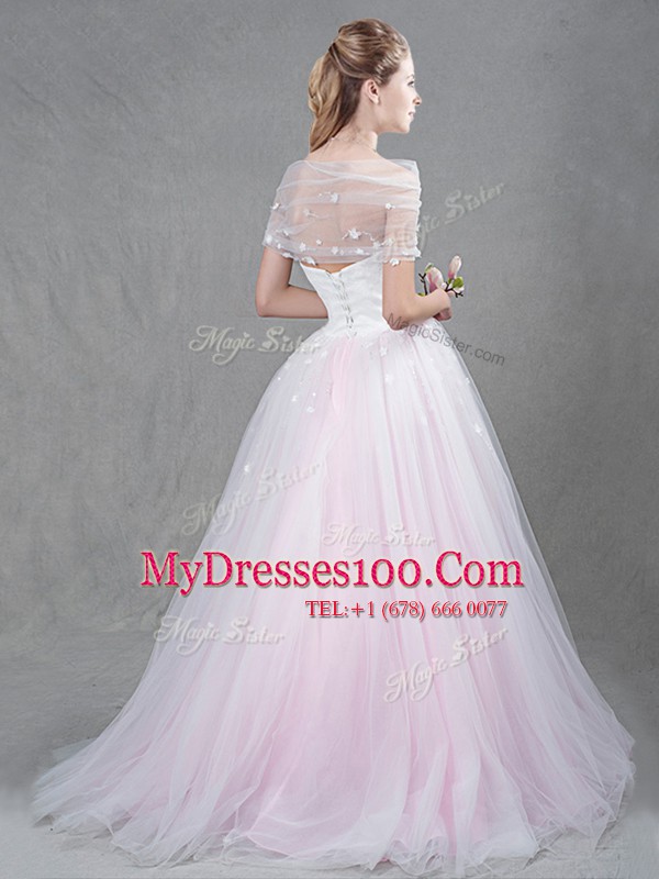 Extravagant Strapless Sleeveless Tulle Wedding Dresses Appliques Brush Train Lace Up