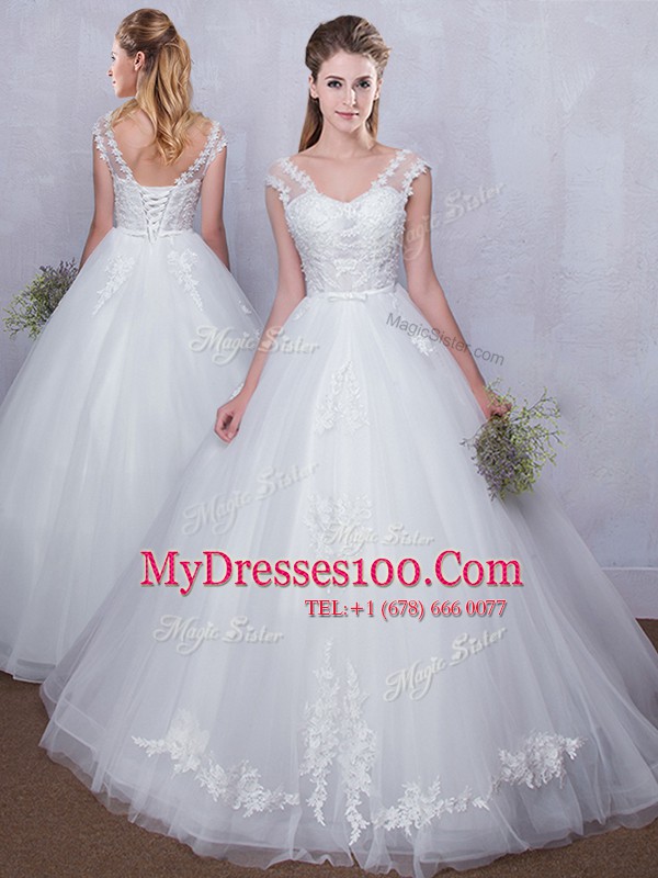 Straps White V-neck Lace Up Lace and Appliques Wedding Dress Sleeveless