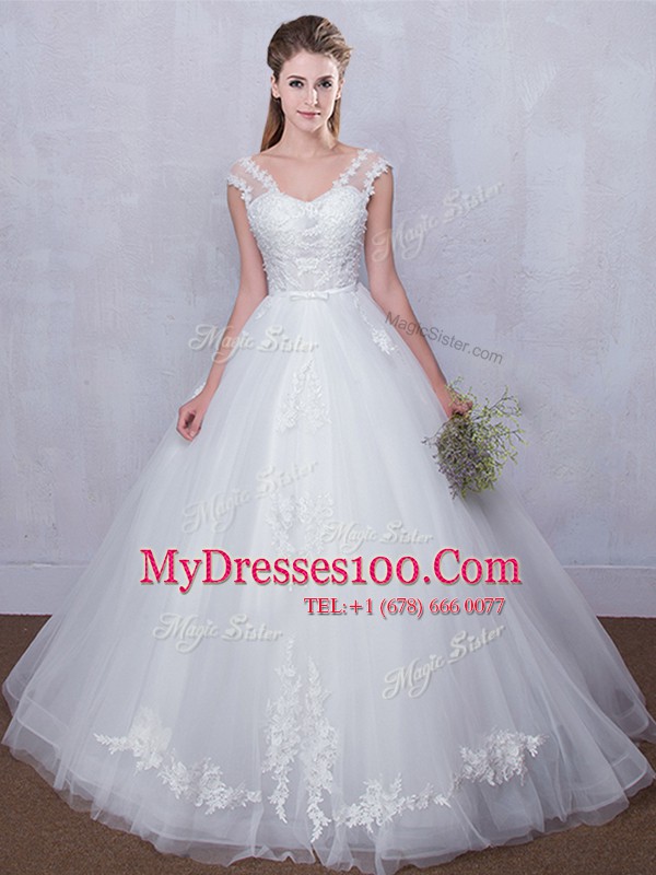 Straps White V-neck Lace Up Lace and Appliques Wedding Dress Sleeveless
