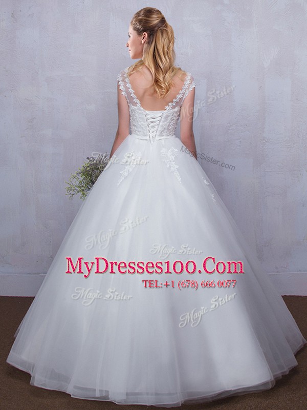 Straps White V-neck Lace Up Lace and Appliques Wedding Dress Sleeveless
