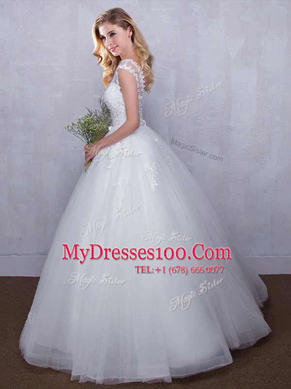 Straps White V-neck Lace Up Lace and Appliques Wedding Dress Sleeveless