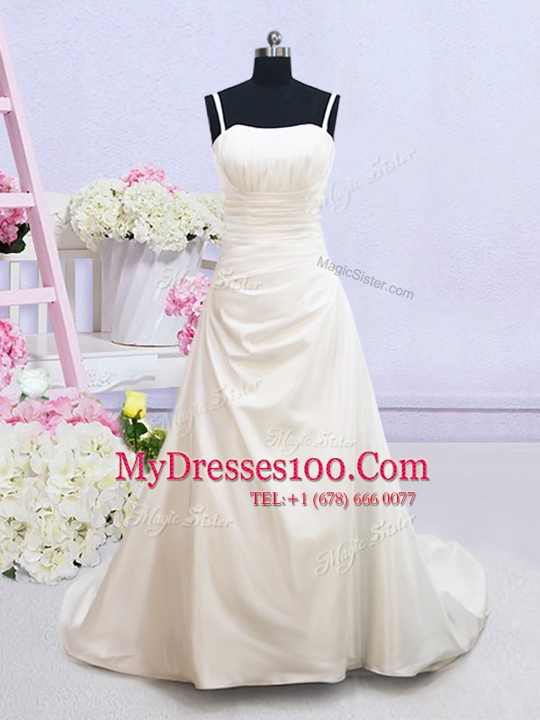 Beautiful Spaghetti Straps Sleeveless Wedding Gowns Brush Train Ruching White Taffeta