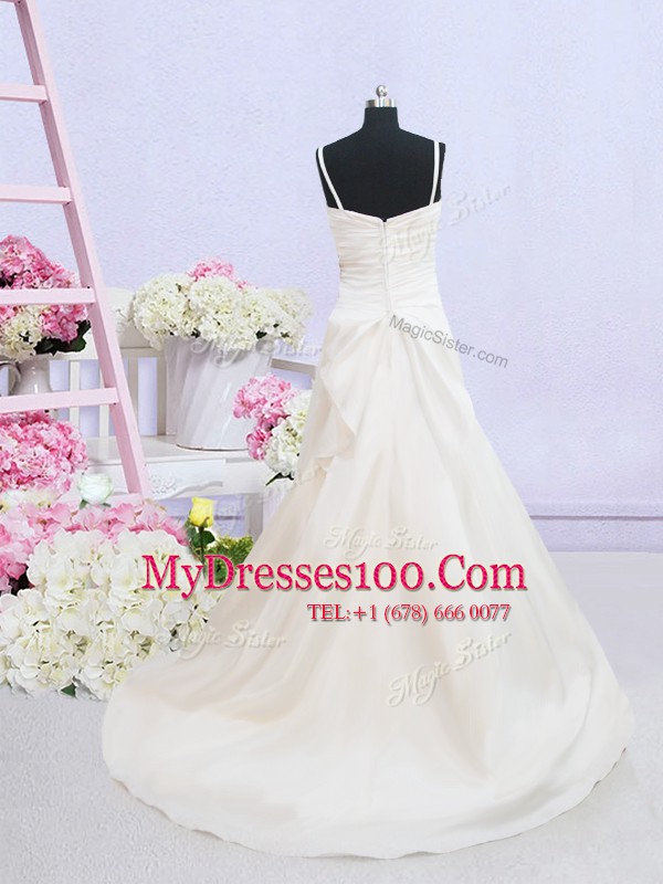 Beautiful Spaghetti Straps Sleeveless Wedding Gowns Brush Train Ruching White Taffeta