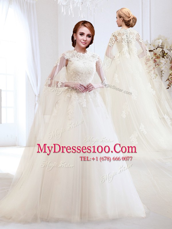 Charming Sleeveless Brush Train Lace Up With Train Appliques Wedding Gowns