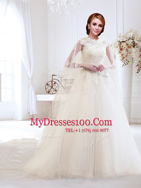 Charming Sleeveless Brush Train Lace Up With Train Appliques Wedding Gowns