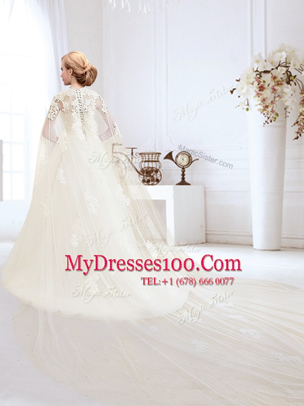 Charming Sleeveless Brush Train Lace Up With Train Appliques Wedding Gowns