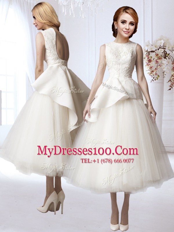 Luxurious White Sleeveless Tea Length Appliques Backless Wedding Dress