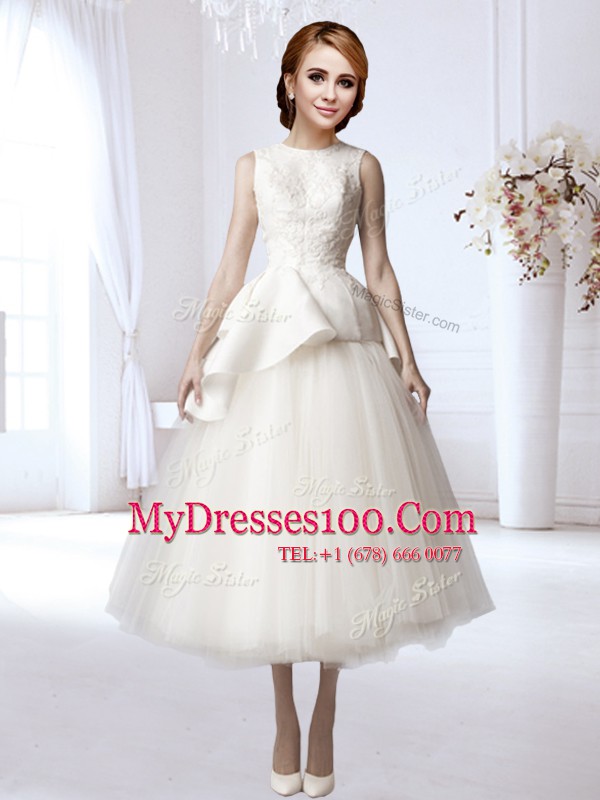 Luxurious White Sleeveless Tea Length Appliques Backless Wedding Dress