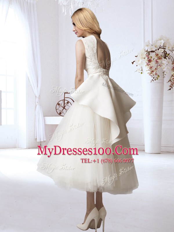 Luxurious White Sleeveless Tea Length Appliques Backless Wedding Dress