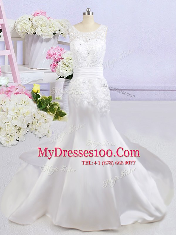 Excellent Mermaid Scoop Sleeveless Beading and Lace and Appliques Backless Wedding Gowns with White Court Train