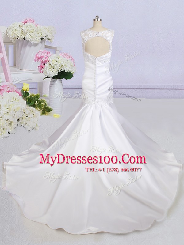 Excellent Mermaid Scoop Sleeveless Beading and Lace and Appliques Backless Wedding Gowns with White Court Train