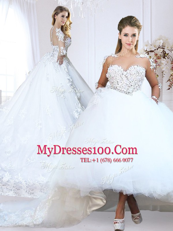Sweet White Tulle Zipper Bridal Gown Long Sleeves With Train Chapel Train Lace and Appliques