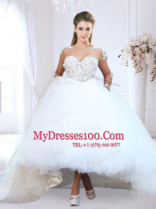 Sweet White Tulle Zipper Bridal Gown Long Sleeves With Train Chapel Train Lace and Appliques