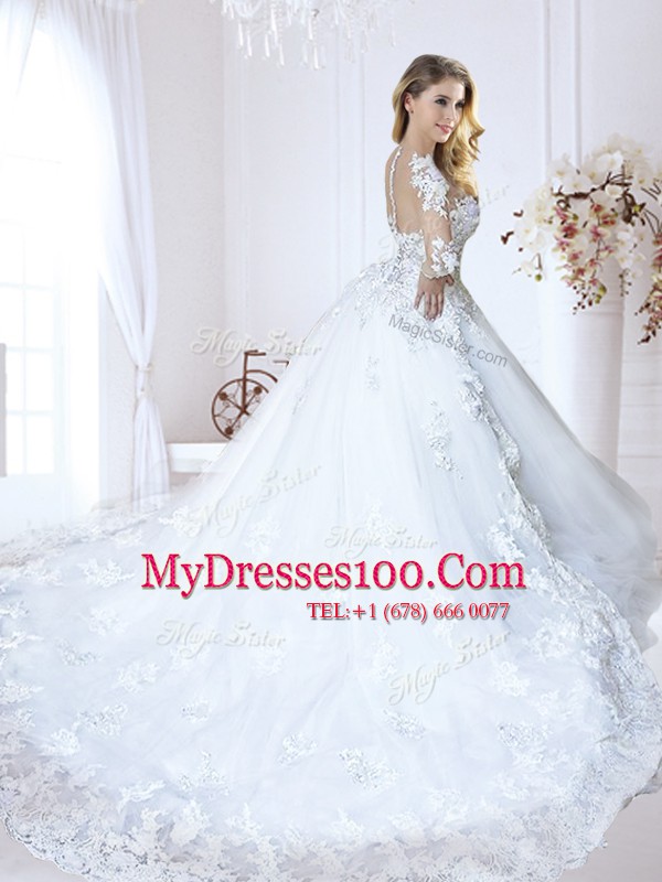 Sweet White Tulle Zipper Bridal Gown Long Sleeves With Train Chapel Train Lace and Appliques