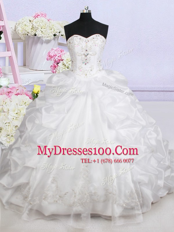 White Sleeveless Brush Train Beading and Appliques and Pick Ups With Train Wedding Dresses