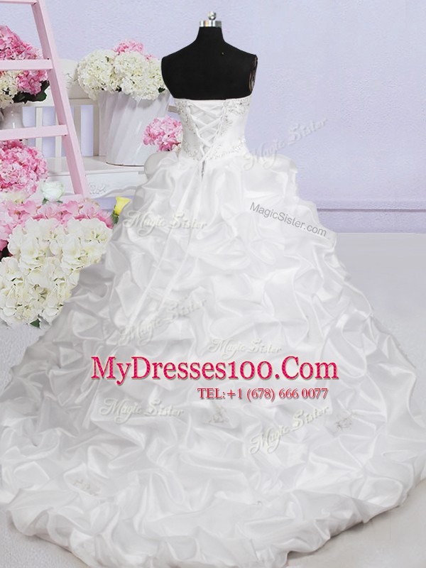 White Sleeveless Brush Train Beading and Appliques and Pick Ups With Train Wedding Dresses