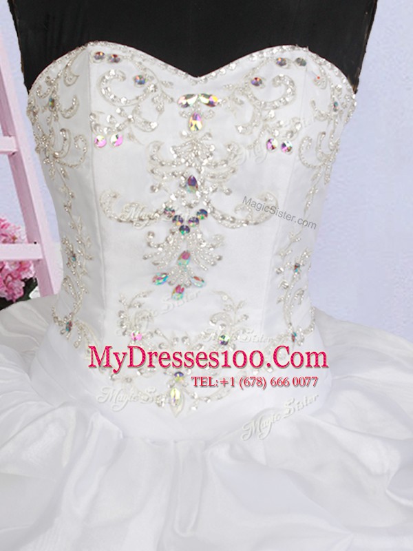 White Sleeveless Brush Train Beading and Appliques and Pick Ups With Train Wedding Dresses