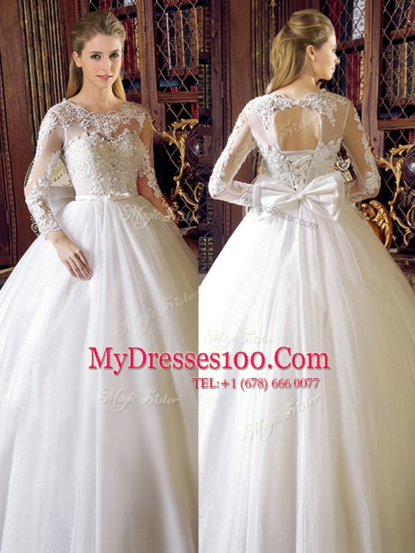 Sumptuous Scoop Long Sleeves Floor Length Lace Up Wedding Gown White for Wedding Party with Lace and Bowknot