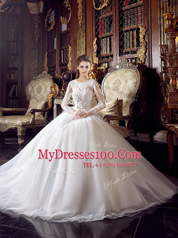Sumptuous Scoop Long Sleeves Floor Length Lace Up Wedding Gown White for Wedding Party with Lace and Bowknot